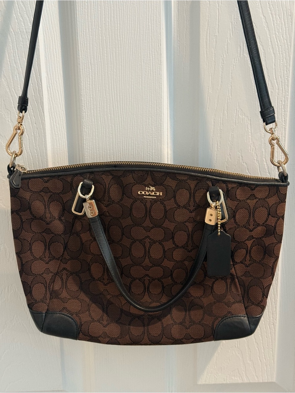 COACH Small Kelsey Satchel Signature Jacquard Brown Black Canvas Leather F36625